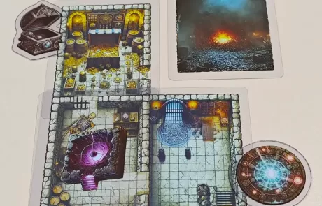 Clear dungeon room tiles with magic portal, treasure token, and fiery chamber artwork for tabletop RPG terrain