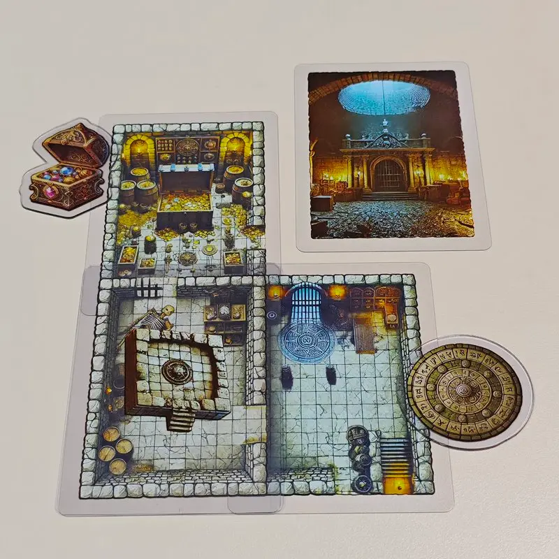 Transparent dungeon map tiles with treasure chest token, ancient rune disk, and hall entrance art for board game adventures